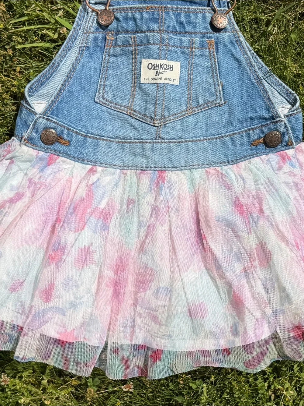 OshKosh B’gosh Denim Floral Tulle Overall Dress Toddler Girls 18 Months